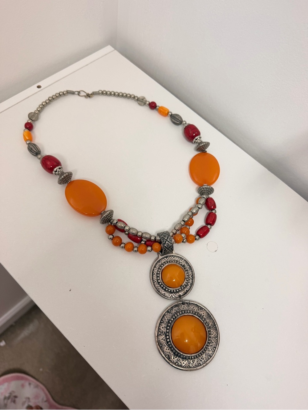Boho Orange & Red Beaded Statement Necklace Silver-Tone Double Pendant NWOT